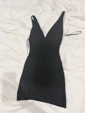Herve Leger Black Deep V-Neck Mini Bandage Dress